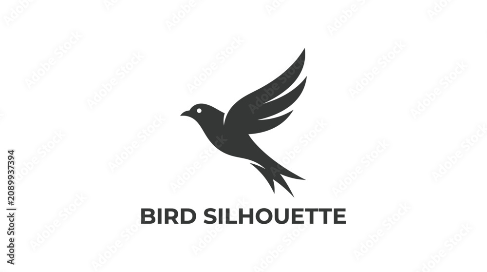 Obraz premium Minimalist black bird silhouette vector illustration featuring a dynamic flying pose on a clean white background