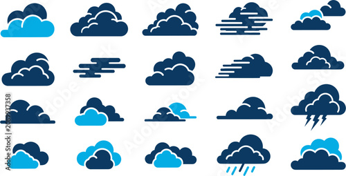 Various weather icons with clouds and rain displayed in blue on a white background
