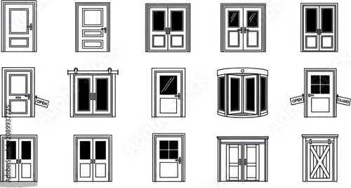 The illustration showcases various styles of windows and doors in a graphic design.