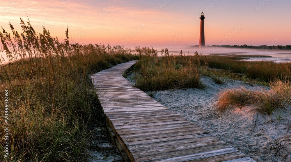 Obraz premium Morning Light over a Lighthouse on St. Simons Island, Georgia – Seaside Dunes and Ocean