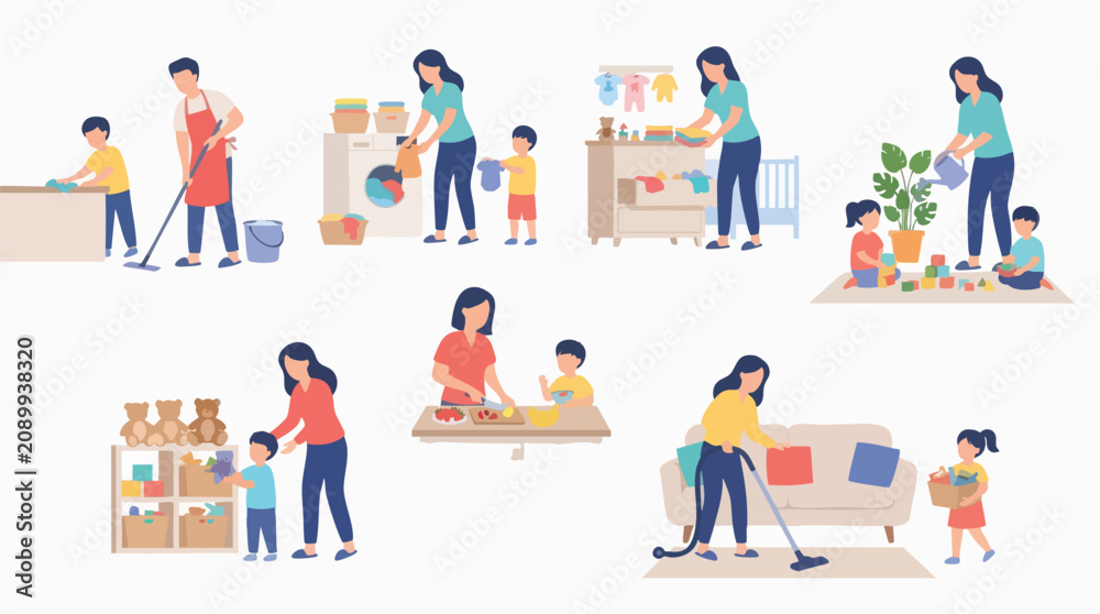 Fototapeta premium Set of parents and children doing household chores and daily activities together