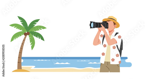 Man with Camera on Tropical Beach, Palm Tree and Ocean - Vacation Photography