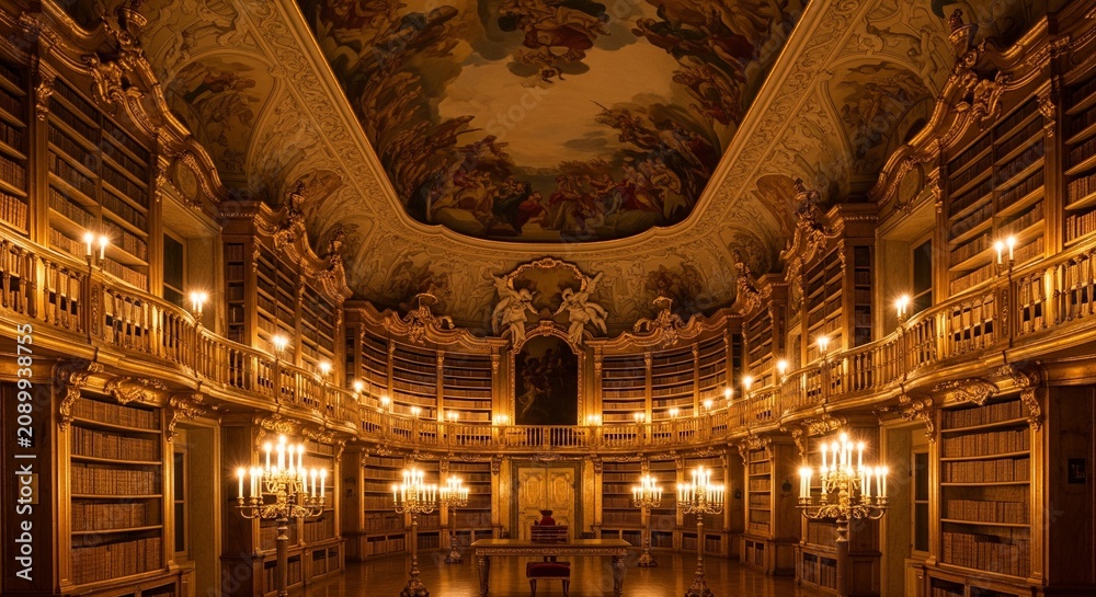 Obraz premium Grand Ornate Hallway with Gilded Ceiling and Mirrored Walls in Elegant Interior