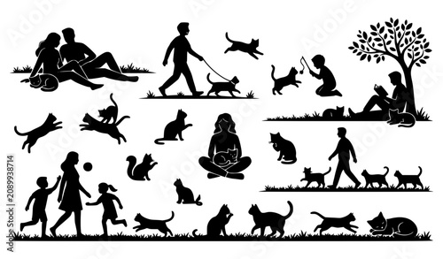 Obraz na plátně Human and Cat Black Silhouette Vector Collection with Grass Scene