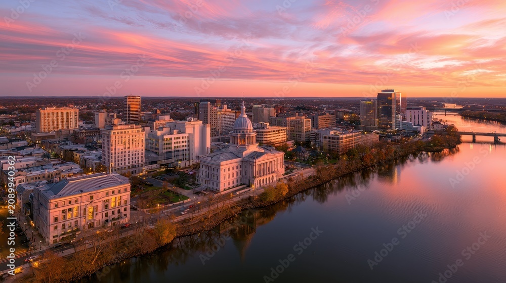 Fototapeta premium Aerial panorama of Trenton skyline at sunset with state capitol dome