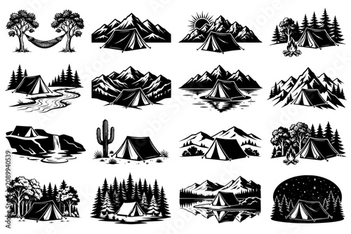 Fotografía Camping Adventure Silhouette Collection, Outdoor Wilderness Exploration Graphics