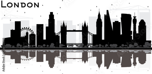 Black and white of london, england skyline with iconic landmarks and buildings london skyline england cityscape