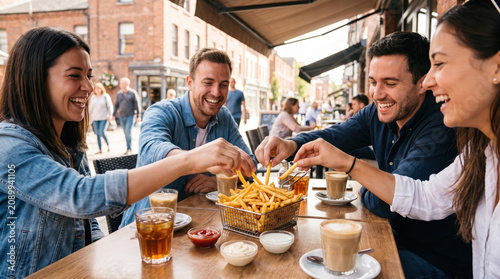 Friend group outdoor cafe julienne fries meal table smile urban adult friend sharing julienne fries at outdoor cafe table with drink sauce and warm smile in urban street restaurant