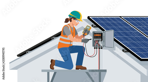 Foto Electrician installing solar panels on rooftop, renewable energy technician at w