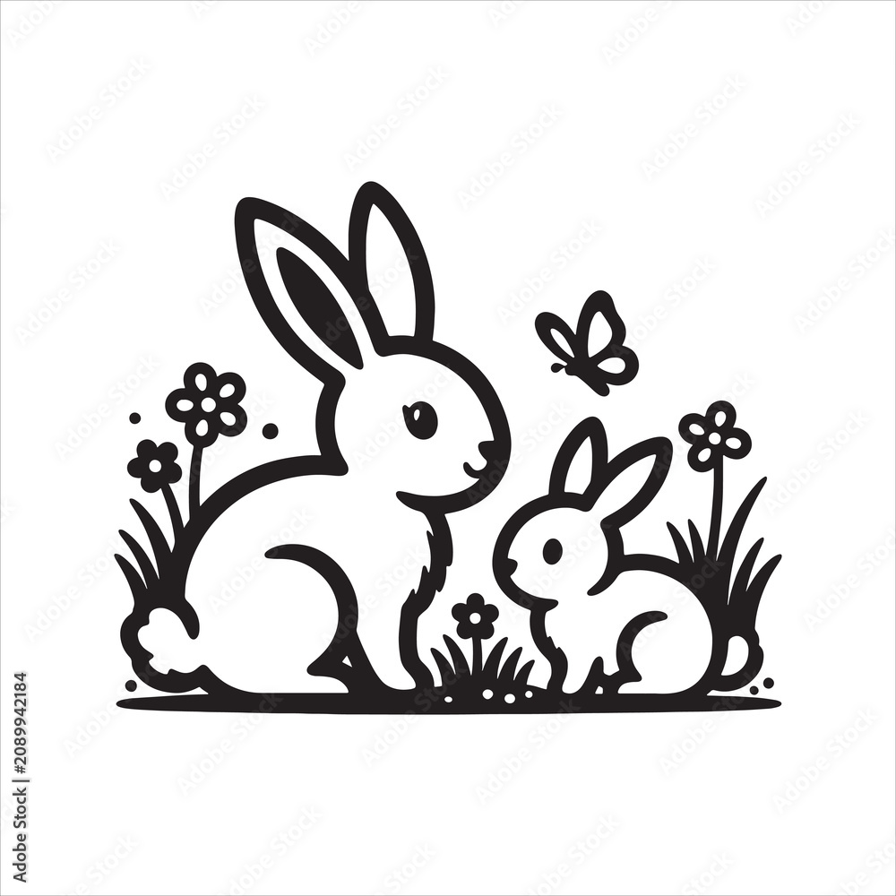 Fototapeta premium A cute black and white line art illustration of a mother rabbit with her baby in a flower field Vector