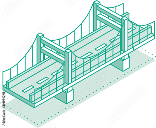 Isometric outline of urban infrastructure with roads, bridges, and buildings isometric outline style