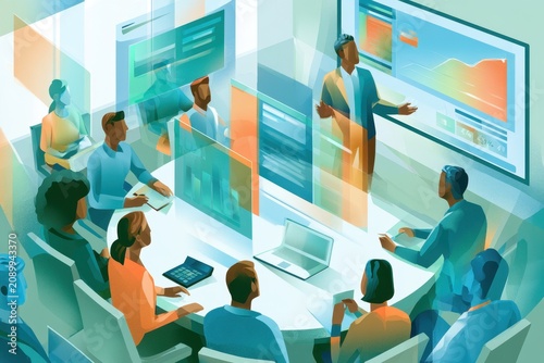 Digital illustration of an actuary delivering a data-driven risk briefing to a diverse audience in a modern office