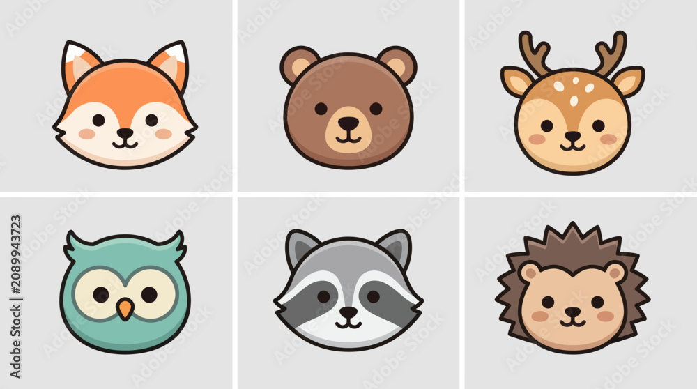 Fototapeta premium Cute woodland animal faces collection
