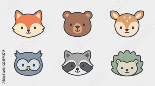 Cute woodland animal faces collection