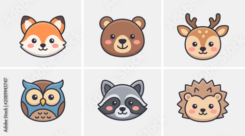 Cute woodland animal faces collection