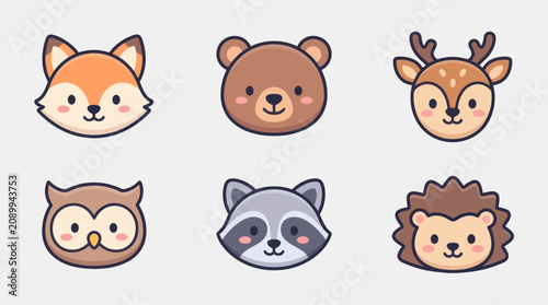 Cute woodland animal faces collection