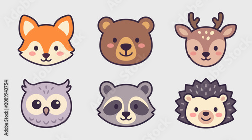 Cute woodland animal faces collection