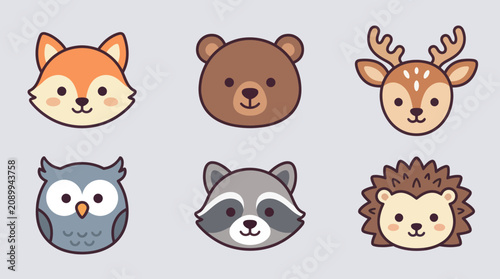 Cute woodland animal faces collection