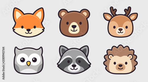 Cute woodland animal faces icons