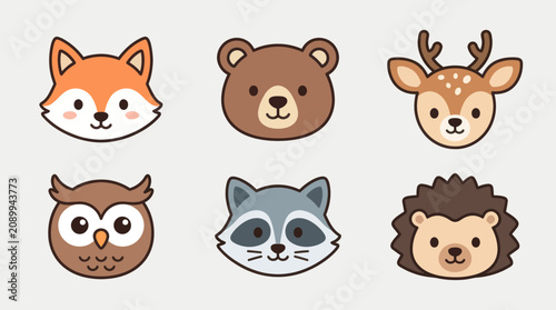 Cute woodland animal faces illustration