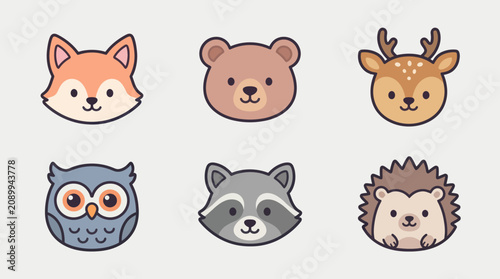 Cute woodland animal faces set