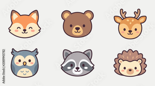 Cute woodland animal faces illustration