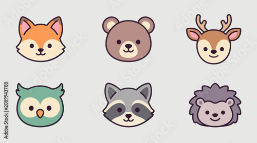 Cute woodland animal faces set