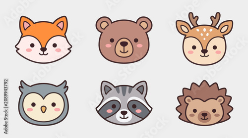 Cute woodland animal faces set