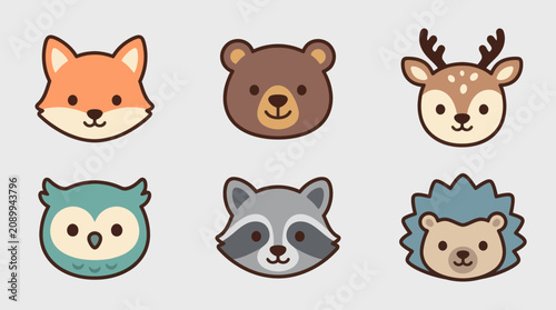Cute woodland animal faces set