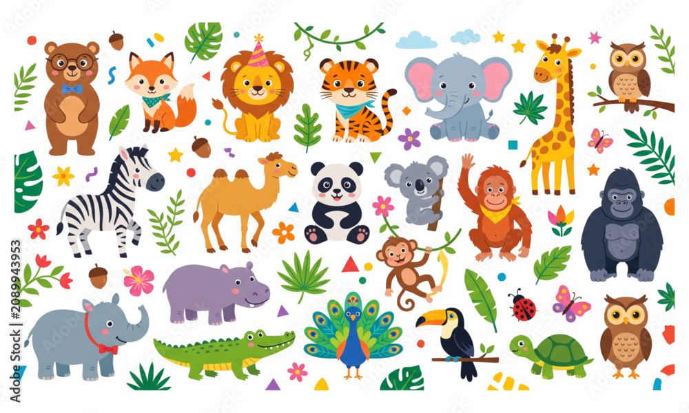 Naklejka premium Cute Jungle Animals Cartoon Collection for Kids Flat Vector Illustration Isolated on White Background