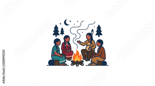 Native American Family Gathering Around Campfire at Night, Storytelling