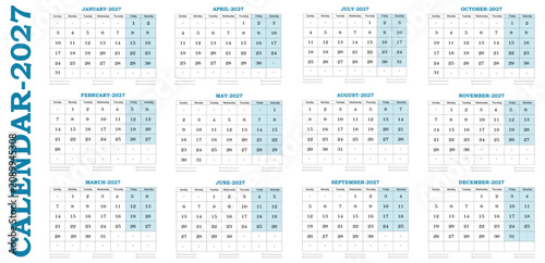 Fotografía 2027 Printable Calendar Landscape Template, Full Year January Through December,