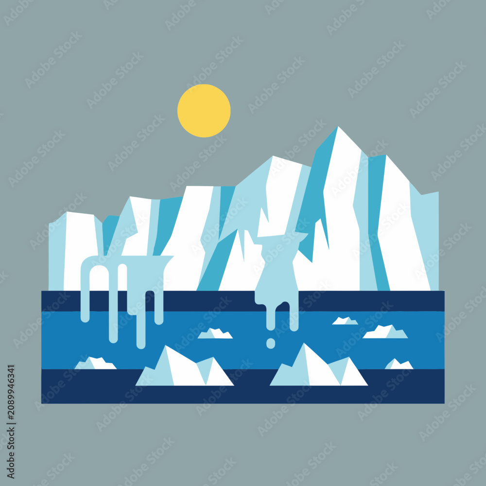 Obraz premium Flat Vector Illustration of Melting Icebergs in Ocean for Global Warming Concept