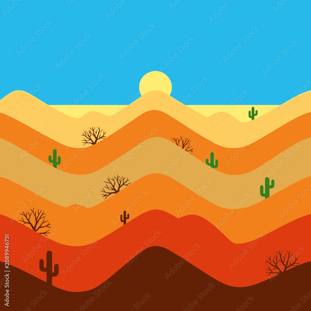 Fototapeta premium Minimalist Abstract Desert Landscape Illustration with Layered Dunes and Cacti