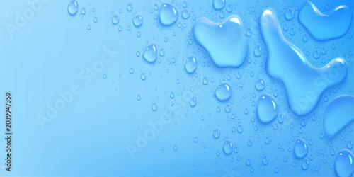 Fotografie Abstract Blue Water Drops Background with Fresh Transparent Rain Droplets and Cl