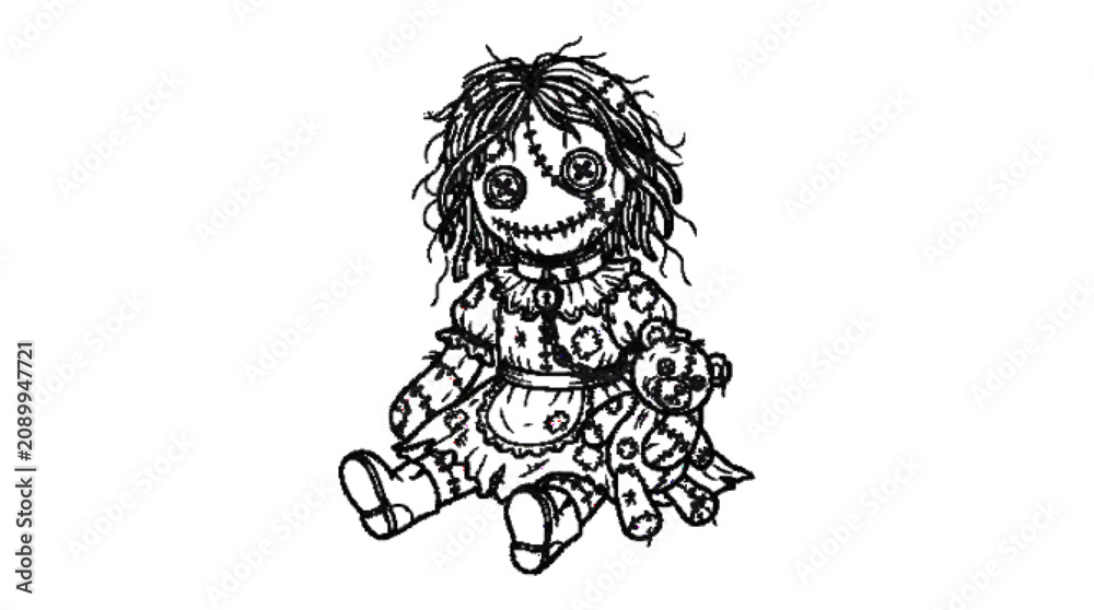 Obraz premium Cursed doll. Modern premium black outline vector style, pure black strokes, no fills, no gradients, no texture, crisp edges, balanced spacing, isolated on pure white background, professional Adobe Sto