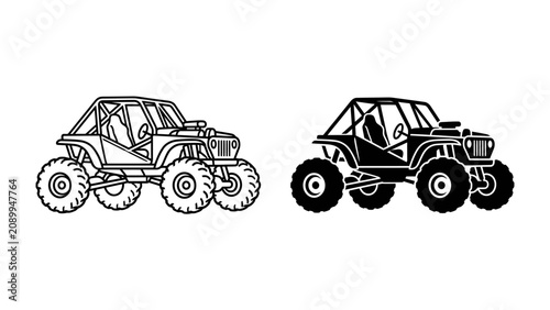 Fotografie Off-road Buggy Set: A collection of off-road buggy illustrations, presented in both line art and silhouette styles, showcasing powerful vehicles designed for rugged terrain