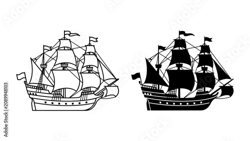 Fotografie Sailing Ship Silhouette: A detailed illustration of a vintage sailing ship presented in both outline and silhouette form, showcasing its majestic masts and billowing sails