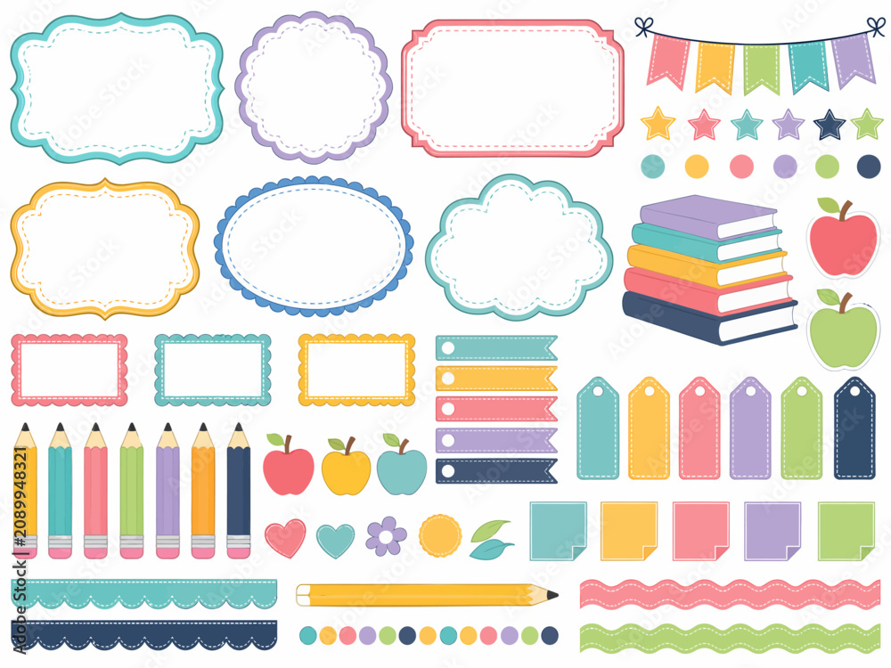Fototapeta premium Set of colorful school and education themed vector elements with frames labels and stationery.