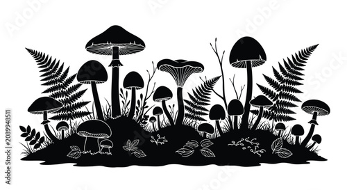 Obraz na płótnie Forest scene with mushrooms and ferns depicted as a black silhouette mushroom fu