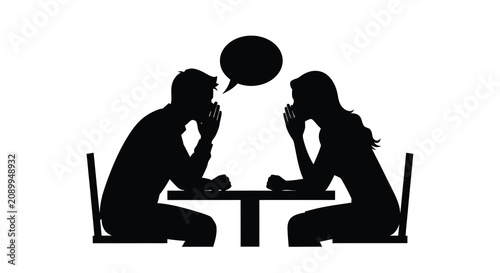 Two people at table with speech bubble black silhouette conversation dialogue couple man woman figure figures interaction communication talking chairs