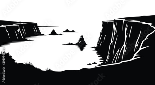 Canvas Print Coastal cliffs and islands landscape in a stark black and white silhouette seasc