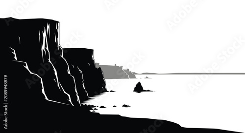 Foto Coastal cliffs and ocean waterscape in a stark black and white silhouette cliff