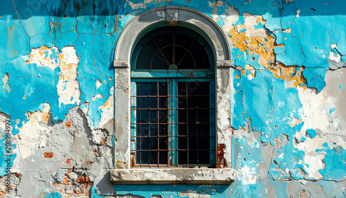 Close-up shot of a weathered wall with an arched window recessed into the wall, dark window frame, vibrant turquoise blue paint, heavily peeled paint, extensive cracks and distressed surface texture