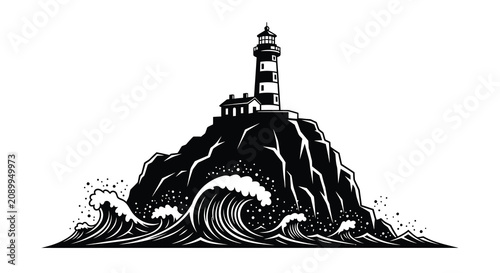 Foto Lighthouse atop rocky island with crashing waves a detailed black silhouette bea