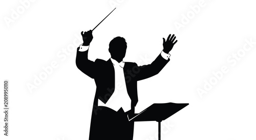 Foto A conductor with baton and music stand in a black silhouette orchestra musician