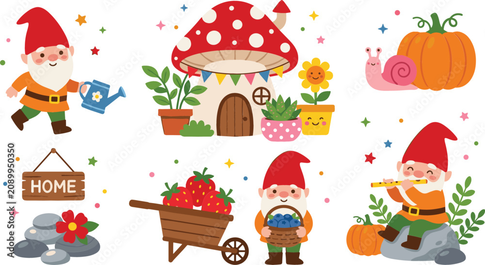 Naklejka premium Cute garden gnome vector illustration character set with mushroom house, funny dwarfs gardening, wheelbarrow with strawberries, pumpkin, and snail isolated on white background.