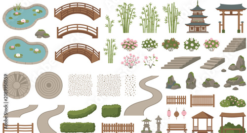 Schilderij op canvas Traditional Japan backyard landscape icons with shinto torii gate gravel pattern