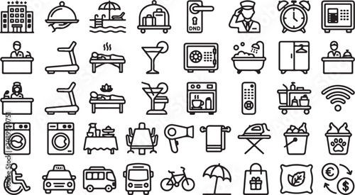 Εκτύπωση καμβά Set of black and white hotel service and travel amenity icons in a simple thin l