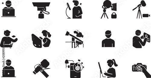 Quadro su tela Black Silhouette Podcasting and Photography Graphic Symbols, Video Editing Strea